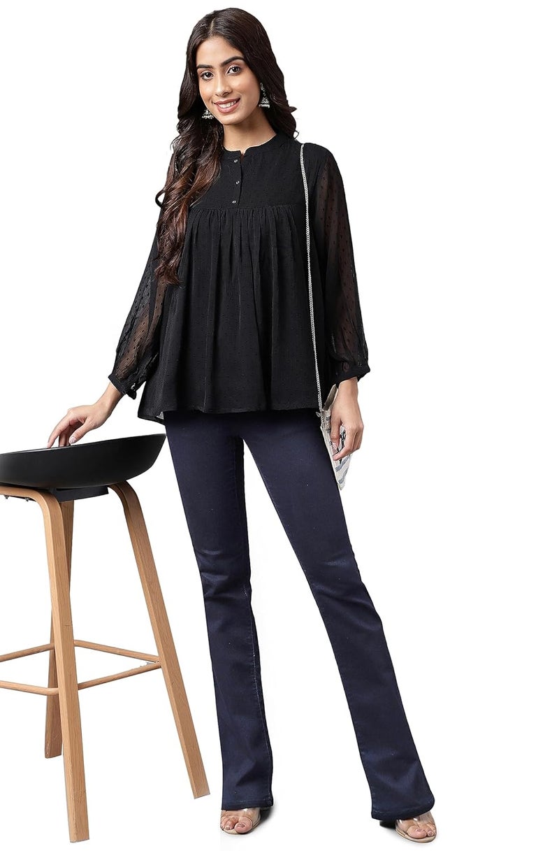 Janasya Women's Black Dobby Chiffon Solid Empire Top - Image 3